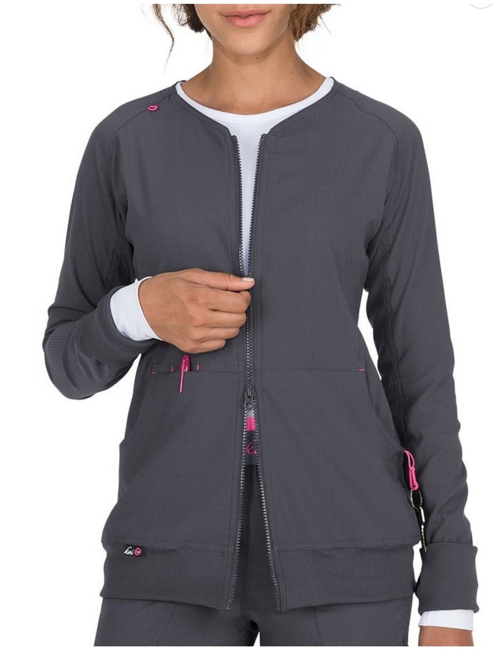 KOI lite -Lightweight Women's Utility Zip Jacket in Dark Gray with Pink Trim